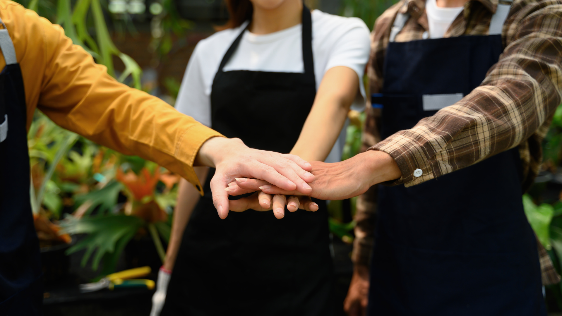 Tre persone con grembiule da lavoro uniscono le mani in un gesto di collaborazione, in un ambiente verde con piante.
