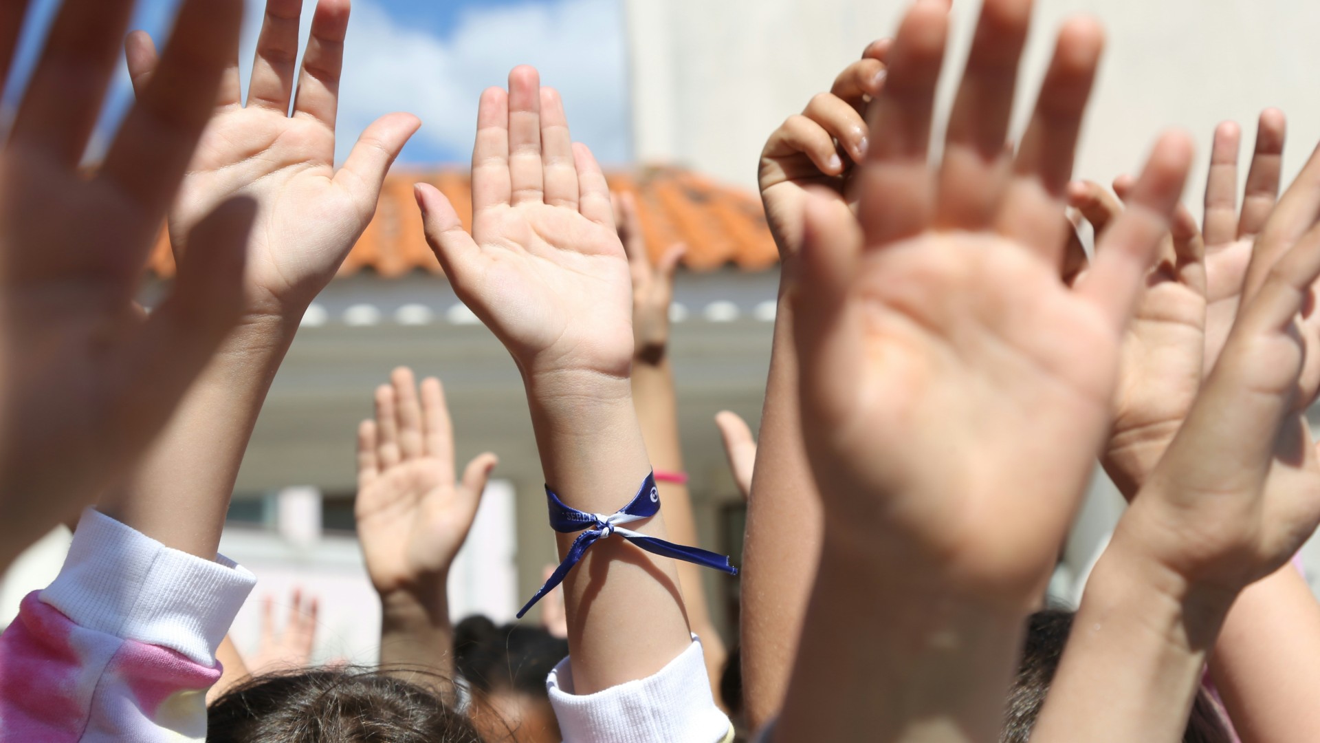 Raised hands of a group of young people outdoors, symbolising participation and collective energy.